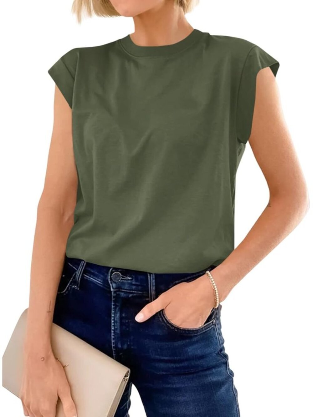 Womens Army Green Short Sleeve Crew Neck Basic Tee Loose Fit Cotton T Shirts